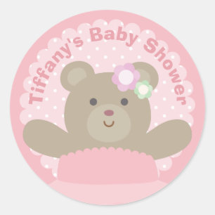 It's a Girl Cute Bear Cub Elegant Pink Baby Shower Classic Round Sticker