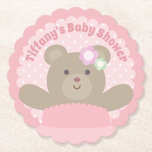 Its a Girl Cute Bear Cub Elegant Pink Baby Shower Paper Coaster