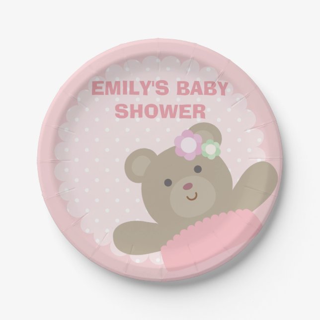 It's a Girl Cute Bear Cub Elegant Pink Baby Shower Paper Plates (Front)