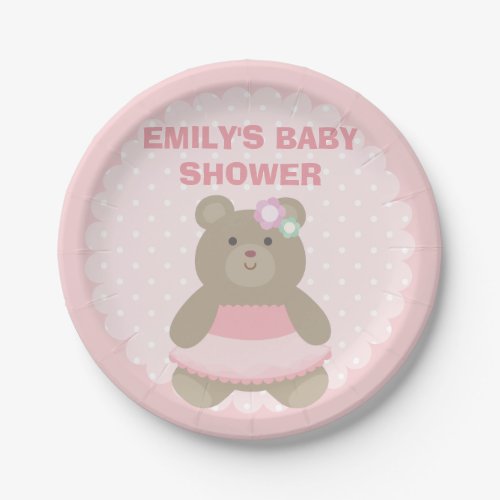 Its a Girl Cute Bear Cub Elegant Pink Baby Shower Paper Plates