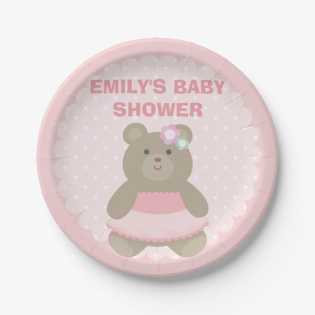 It's a Girl Cute Bear Cub Elegant Pink Baby Shower Paper Plates (Front)