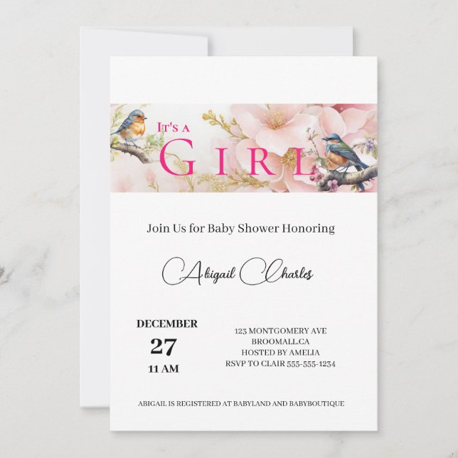  it's a girl cute birdie baby shower card (Front)