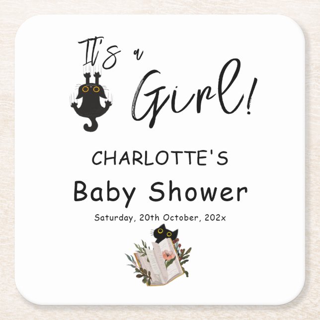 It's a Girl! Cute Black Cat and Book Baby Shower Square Paper Coaster (Front)