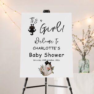 It's a Girl! Cute Black Cat and Book Welcome Sign