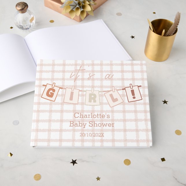 It's a Girl! Cute Brown Gingham Baby Shower Guest Book (Front Open)