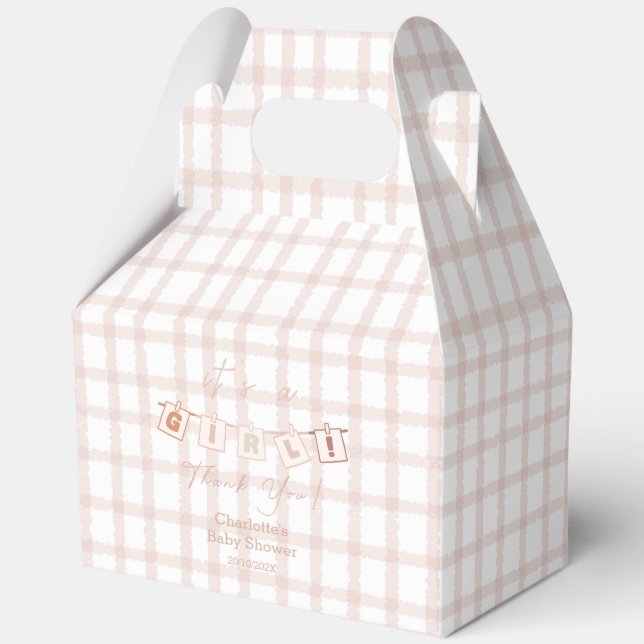It's a Girl Cute Brown Gingham Notedry Baby Shower Favor Boxes (Front)
