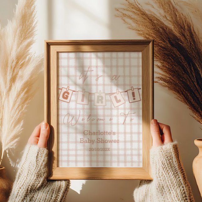 It's a Girl! Cute Brown Gingham Notedry Welcome Poster (Creator Uploaded)