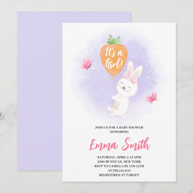 It's a Girl Cute Bunny Baby Shower Invitation (Front/Back)