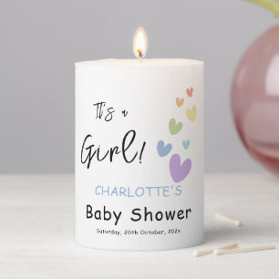 It's a Girl! Cute & Colorful Hearts Baby Shower Pillar Candle