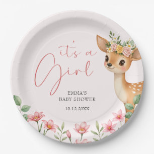 It's A Girl Cute Deer Baby Shower Paper Plates