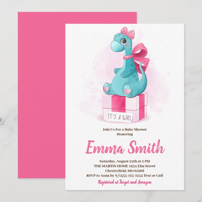 It's a Girl Cute Dinosaur Baby Shower Invitation (Front/Back)