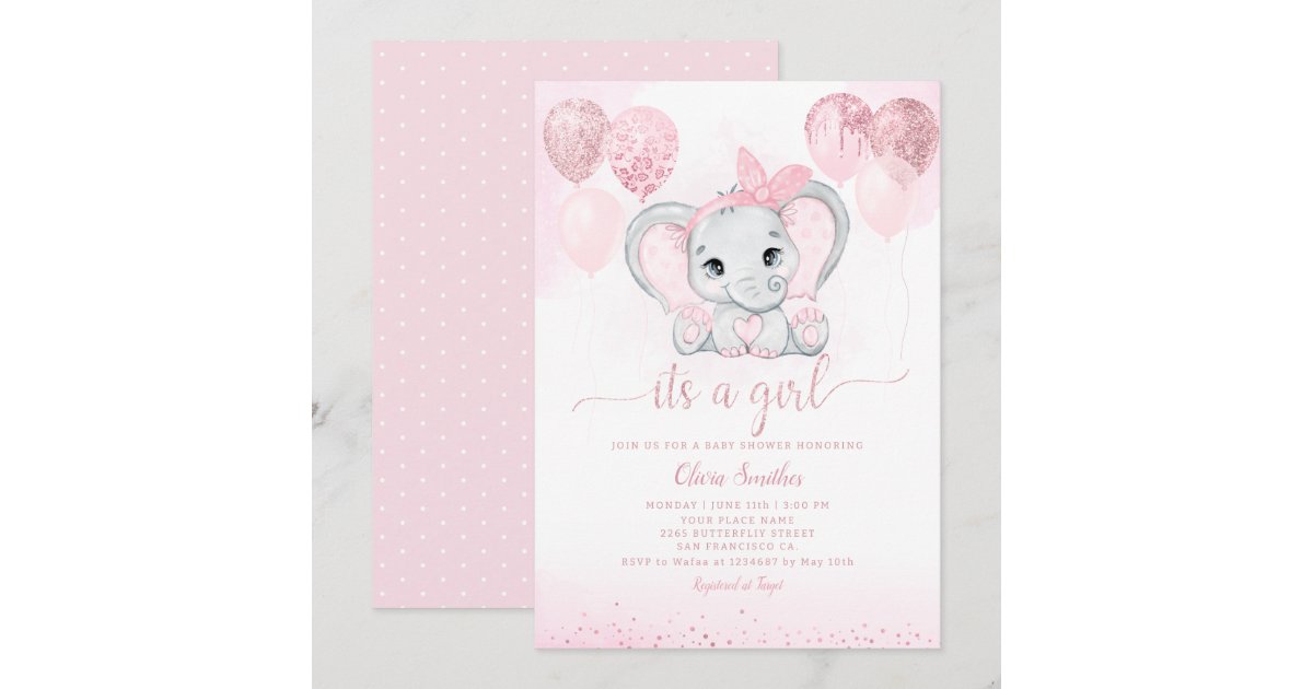 It's a Girl Cute Elephant & Balloon Baby Shower Invitation | Zazzle