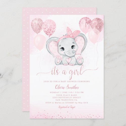 Its a Girl Cute Elephant  Balloon Baby Shower  Invitation