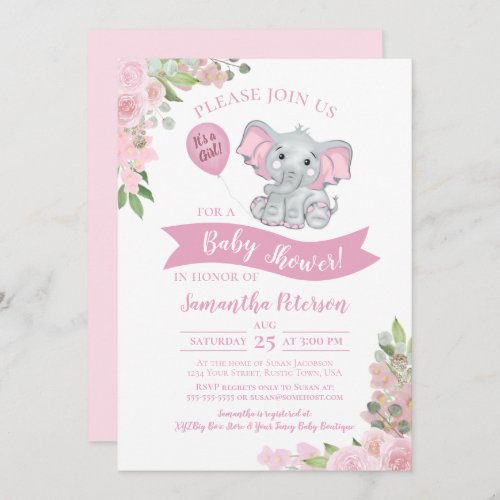 Its a Girl Cute Elephant Pink Floral Baby Shower Invitation