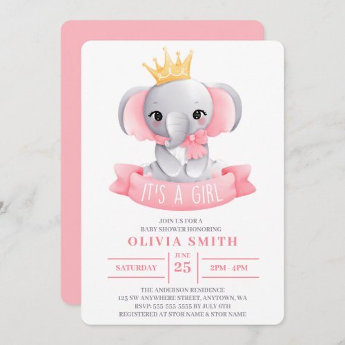 Its a Girl Cute Elephant Watercolor Baby Shower  Invitation