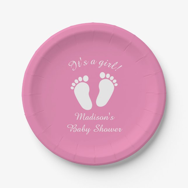 It's a girl cute footprints baby shower party paper plates (Front)