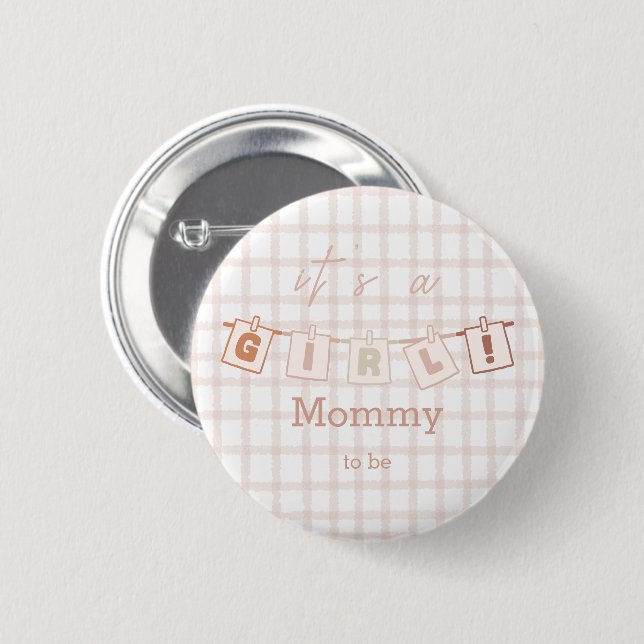 It's a Girl Cute Gingham Notedry Mommy-to-be Button (Front & Back)