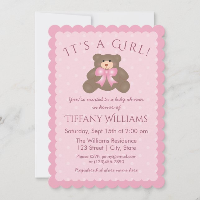 It's a Girl Cute Grizzly Bear Cub Pink Baby Shower Invitation (Front)