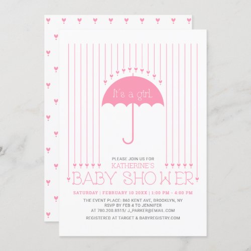 Its a girl  Cute Hearts  Umbrella Baby Shower Invitation