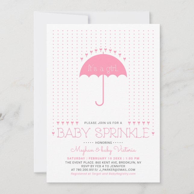 It's a girl | Cute Hearts & Umbrella Baby Sprinkle Invitation (Front)