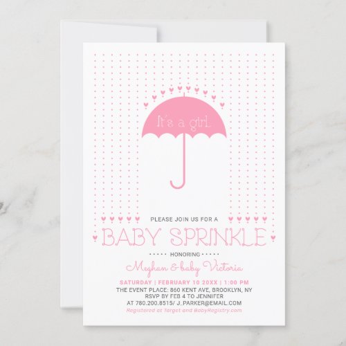 Its a girl  Cute Hearts  Umbrella Baby Sprinkle Invitation