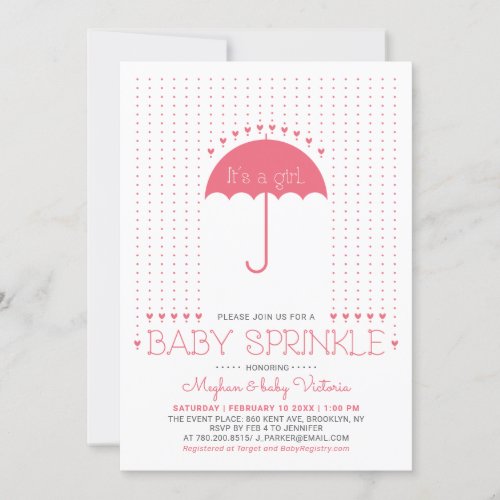 Its a girl  Cute Hearts  Umbrella Baby Sprinkle Invitation