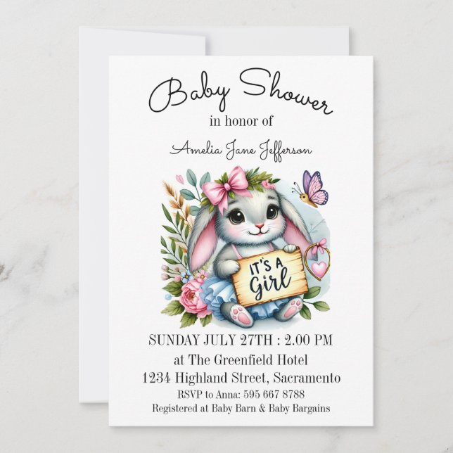 It's a Girl Cute Little Bunny Baby Shower Invitation (Front)