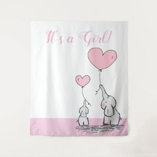 It's a Girl Cute Mama Baby Elephant with Balloons Tapestry