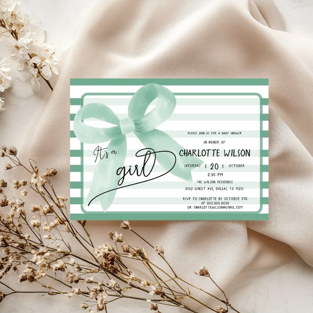 It's a Girl Cute Mint Bow Stripes Baby Shower Invitation (Creator Uploaded)