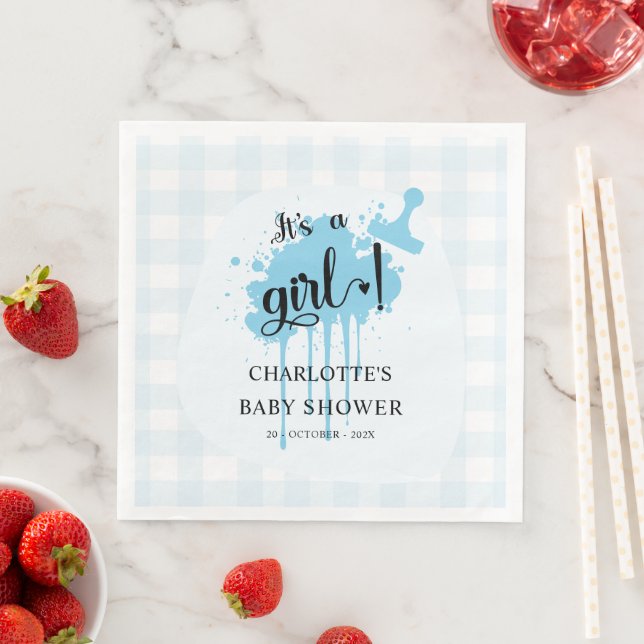 It's a Girl Cute Pastel Blue Gingham Baby Shower Paper Dinner Napkins (Insitu)