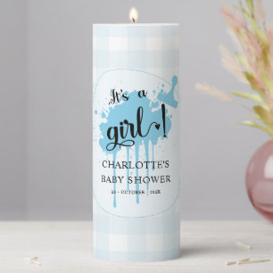 It's a Girl Cute Pastel Blue Gingham Baby Shower Pillar Candle