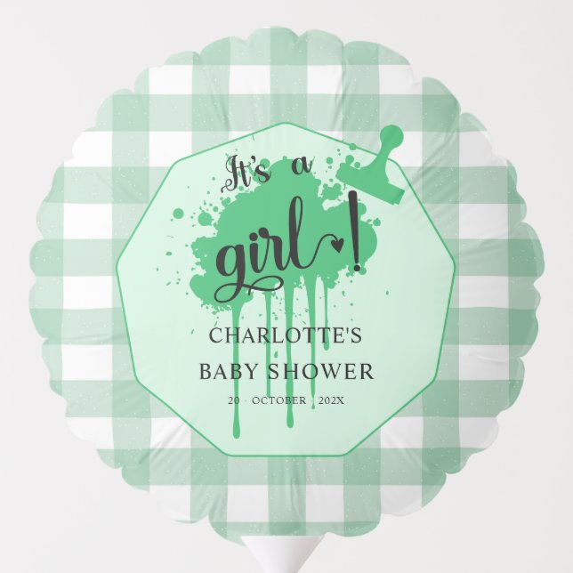 It's a Girl Cute Pastel Green Gingham Baby Shower Balloon (Back)
