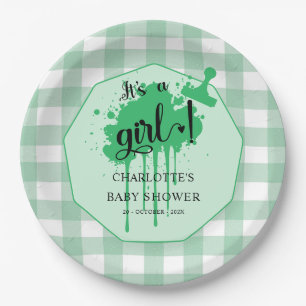 It's a Girl Cute Pastel Green Gingham Baby Shower Paper Plates