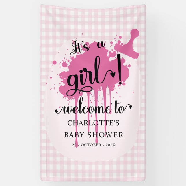 It's a Girl Cute Pastel Pink Gingham Baby Shower Banner (Vertical)