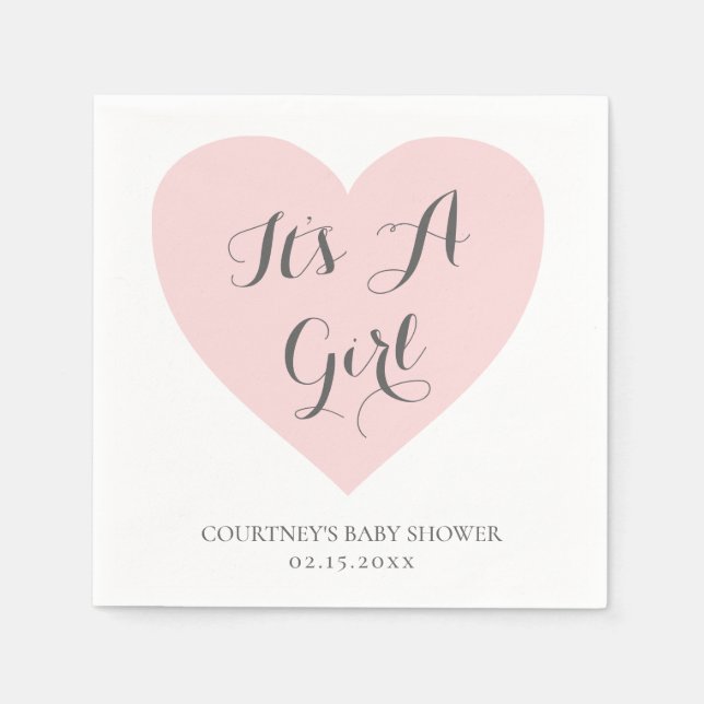 Its A Girl Cute Pastel Pink Heart Baby Shower Napkins (Front)