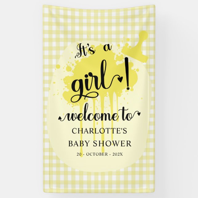 It's a Girl Cute Pastel Yellow Gingham Baby Shower Banner (Vertical)