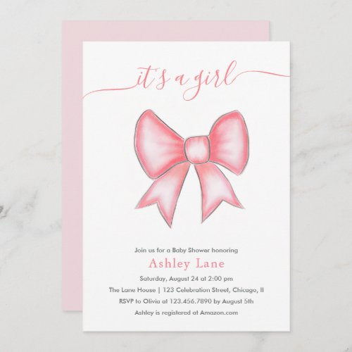 Its a girl Cute Pink Bow Baby Shower Invitation