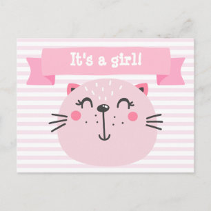 It's a girl!   Cute Pink Cat Announcement Postcard