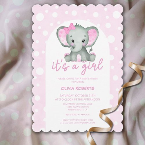 Its a Girl Cute Pink Elephant Baby Shower Invitation