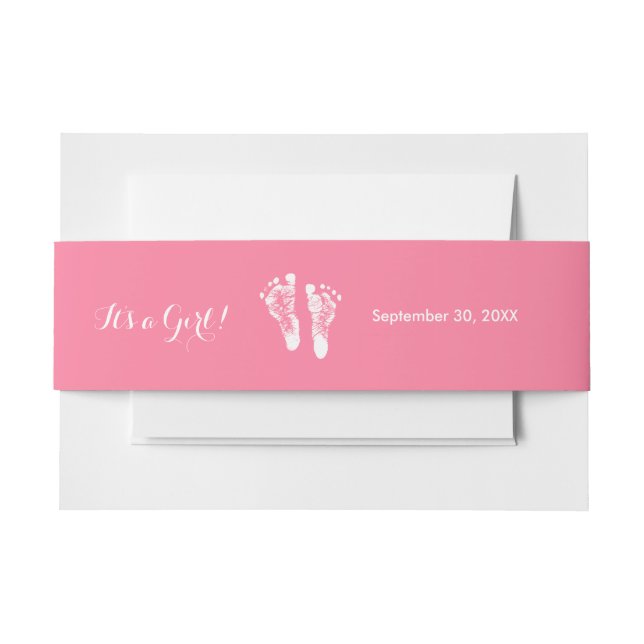 Its a Girl Cute Pink Newborn Baby Girl Footprints Invitation Belly Band (Front Example)