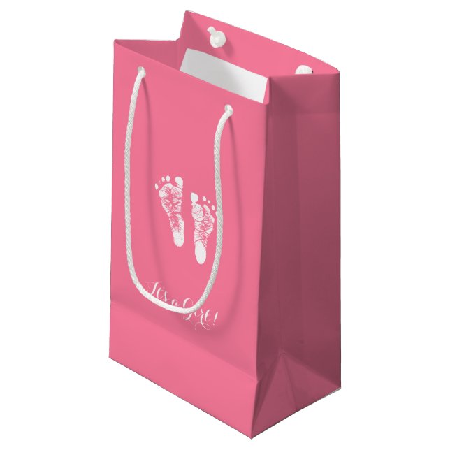 Its a Girl Cute Pink Newborn Baby Girl Footprints Small Gift Bag (Front Angled)