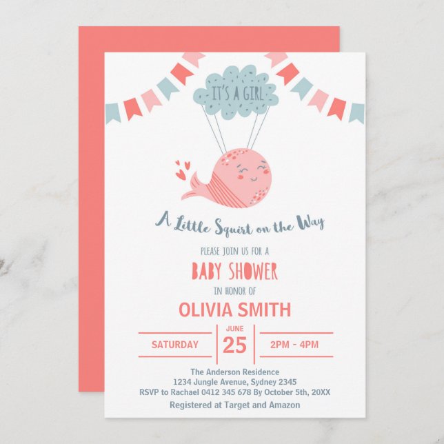 It's a Girl Cute Pink Whale Flying On The Cloud  I Invitation (Front/Back)