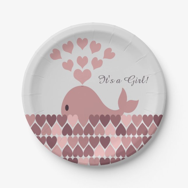 It's a Girl! Cute Pink Whale Paper Plates (Front)