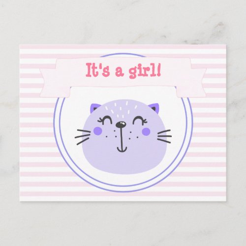 Its a girl  Cute Purple Cat Announcement Postcard