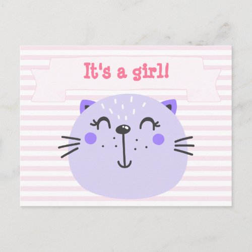 Its a girl  Cute Purple Cat Announcement Postcard
