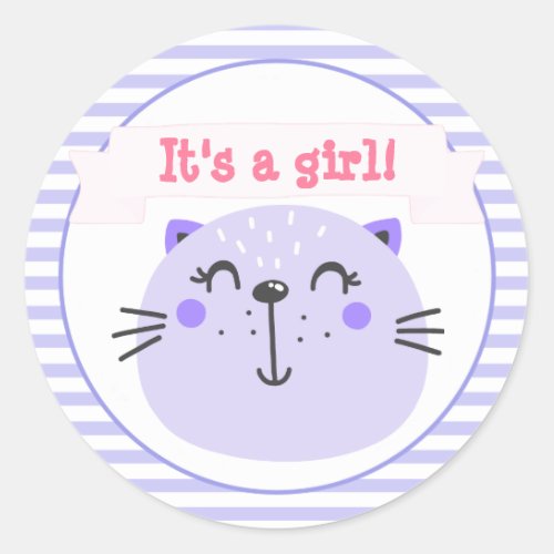 Its a girl  Cute Purple Cat  Baby Shower Classic Round Sticker