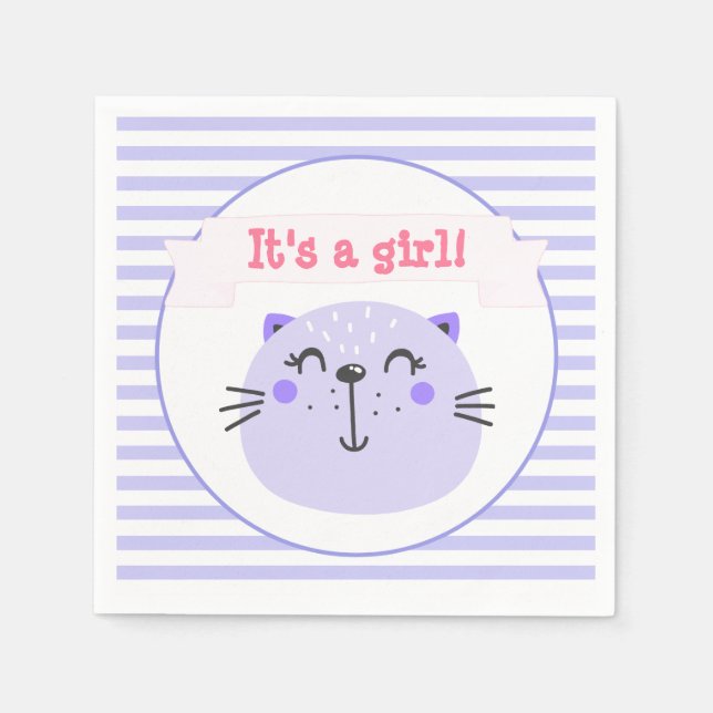 It's a girl | Cute Purple Cat | Baby Shower Napkins (Front)
