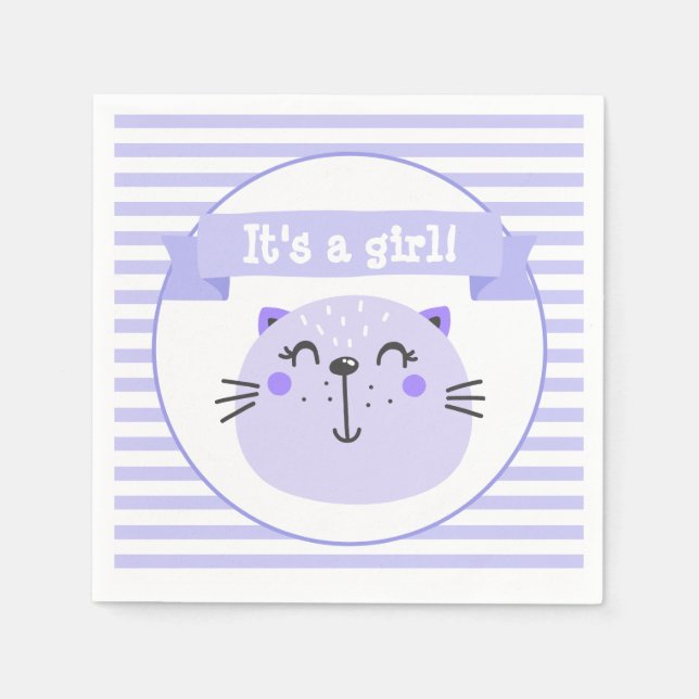 It's a girl | Cute Purple Cat | Baby Shower Paper Napkins (Front)