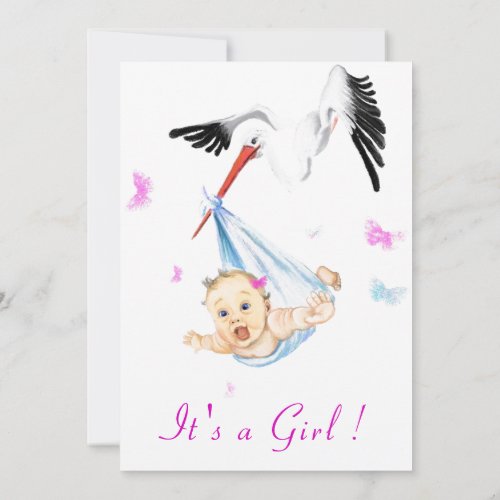 Its a Girl Cute Stork Baby Girl Shower Invitation