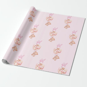 It's a Girl Cute Teddy Bear Toy with Balloons Wrapping Paper